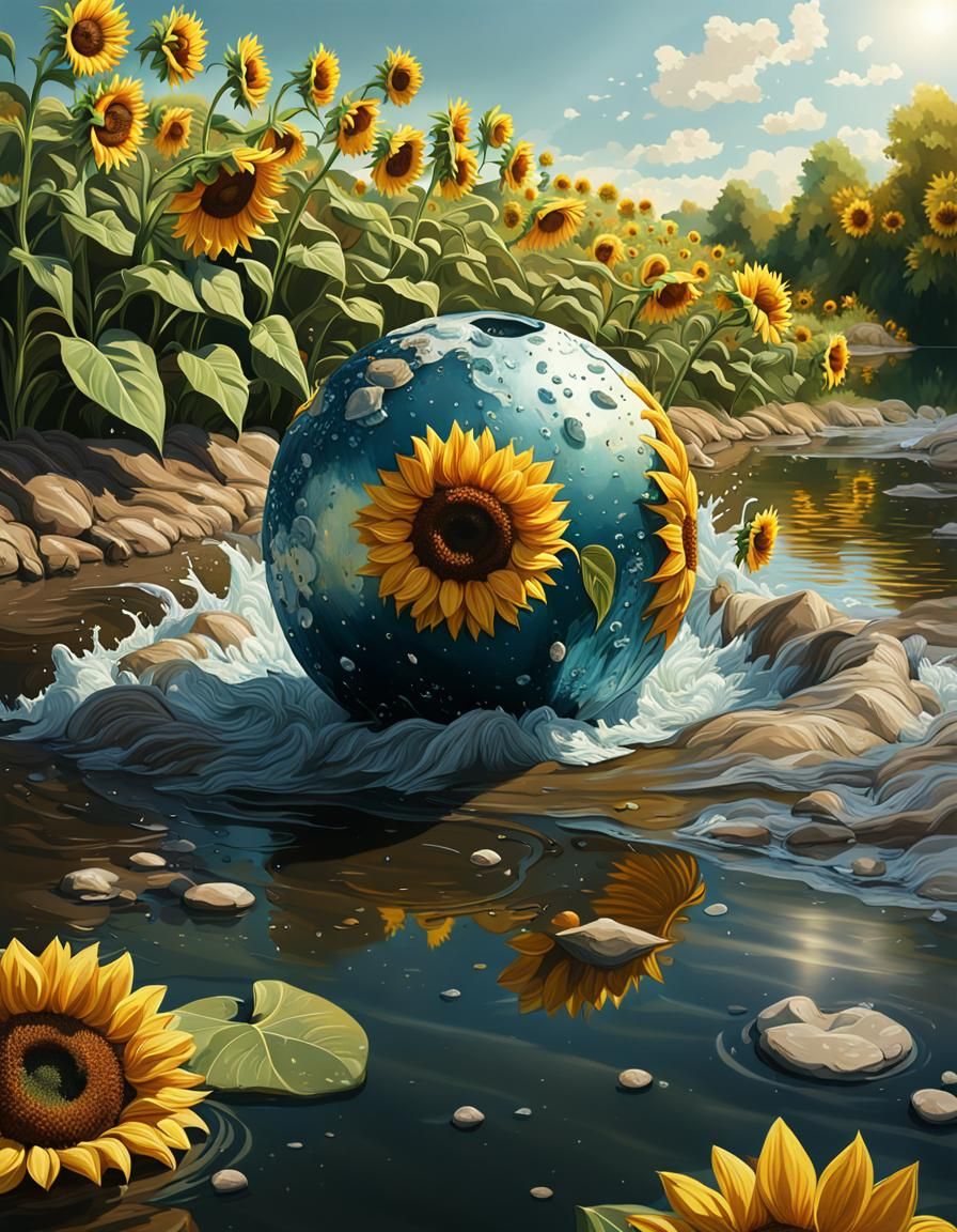 a ball  in the river, goble pad, sunflowers in the backdrop