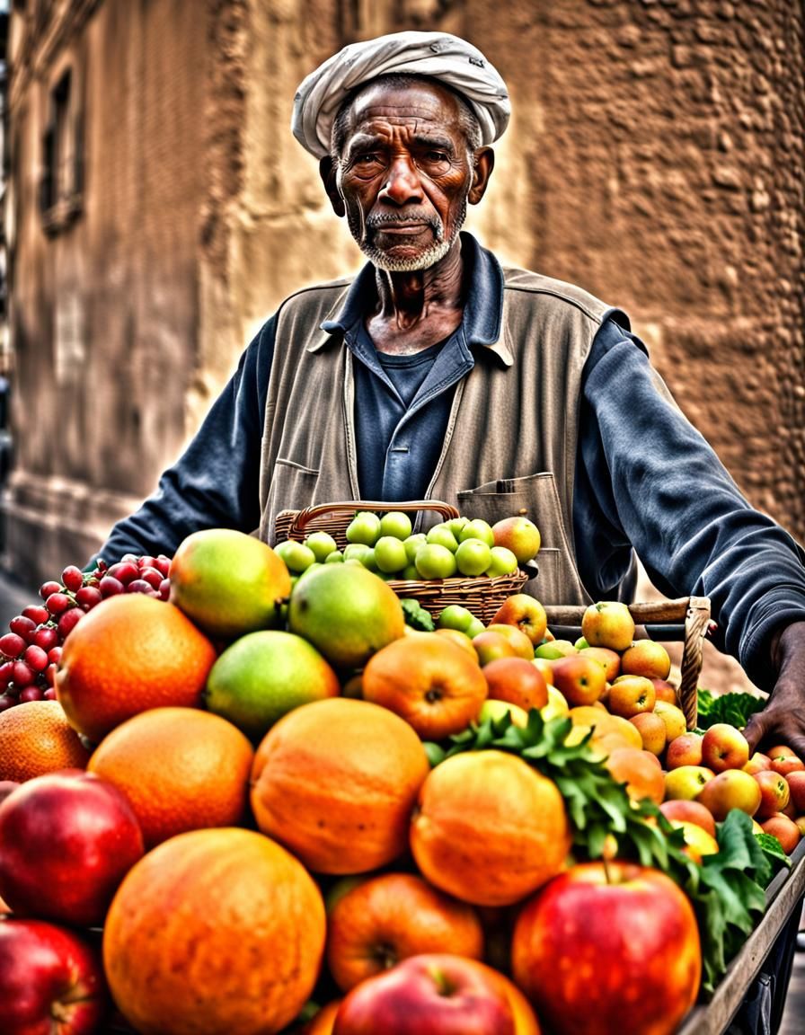 Fruit seller man downtown with a cart.  intricate details, HDR, beautifully shot, hyperrealistic, sharp focus, 64 megapixels, perfect compos...