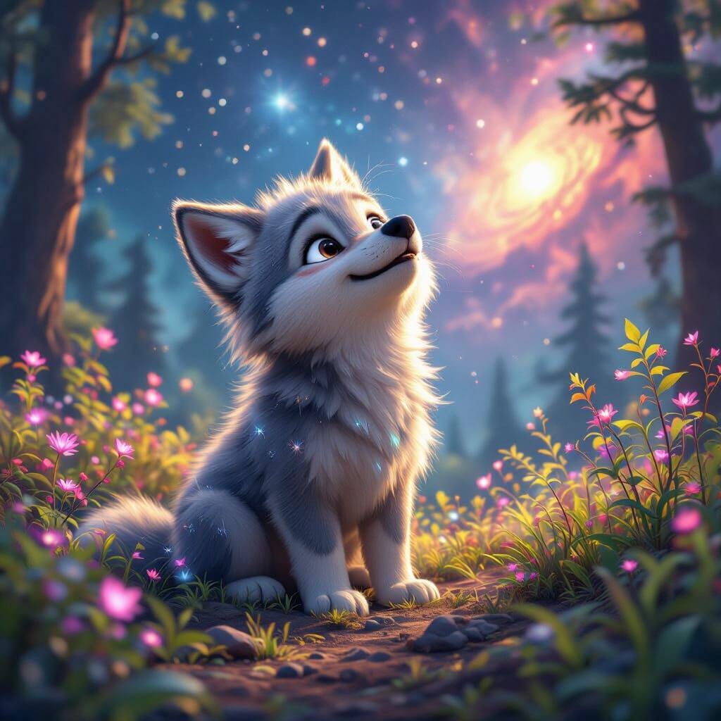 Animated Wolf Pup Howling at Nebula in 3D Art