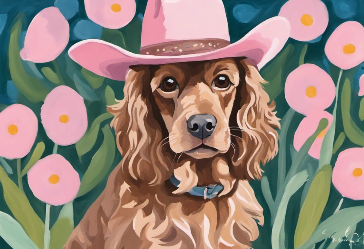 Boykin Cocker Spaniel wearing a cowboy hat in a garden Color palette is