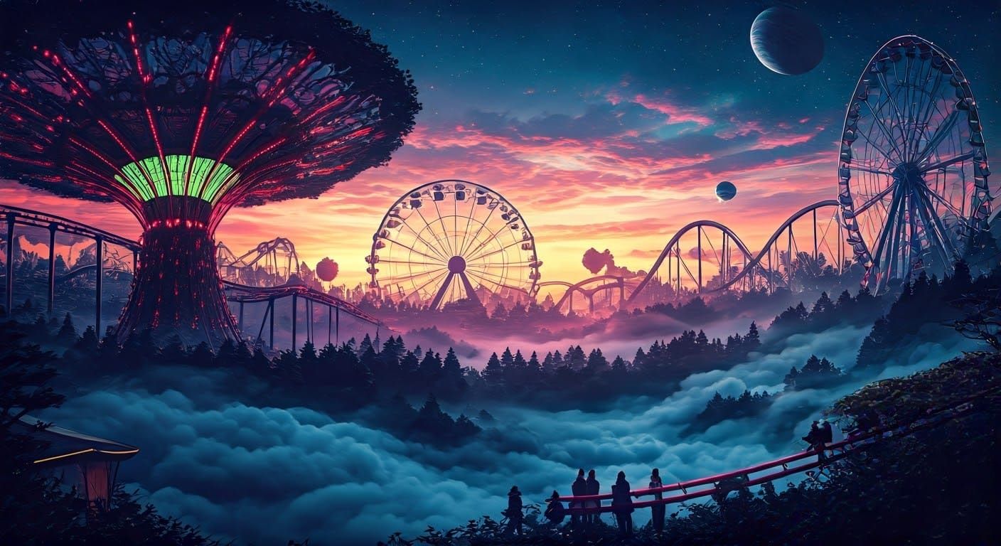 A crazy colourful neon glowing Cosmos-inspired amusement park in Greg Rutkowski's style, roller costers ...  by @Summerchild