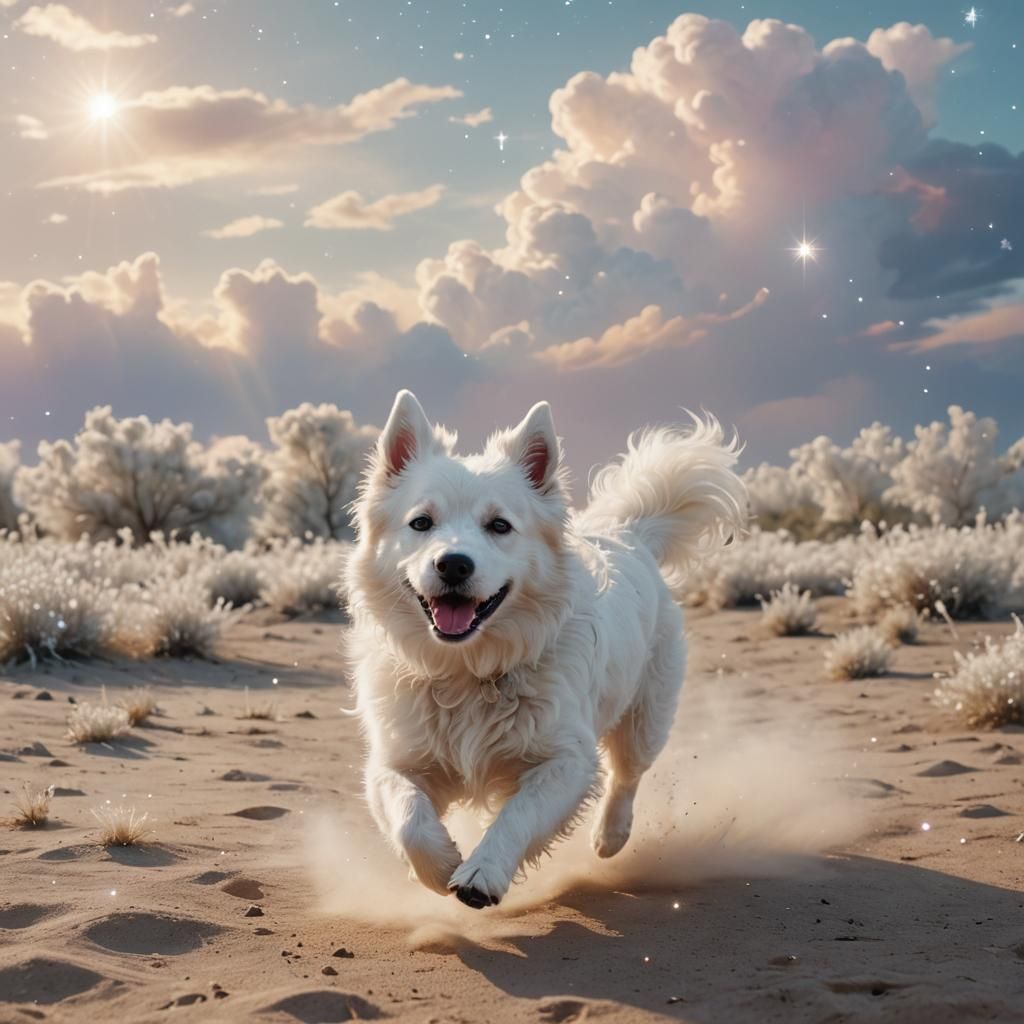 White Dog Running Under Twinkling Stars