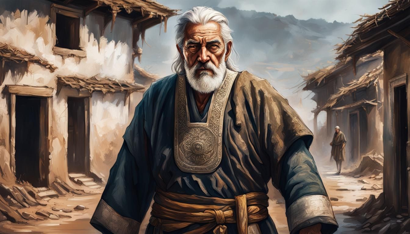 a 70 year old king, short beard, short messy white hair, clo...