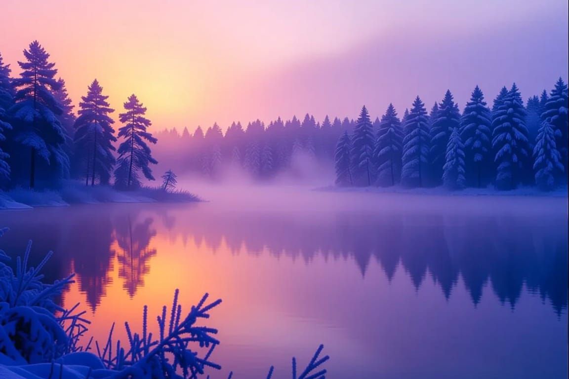 Spectacular early morning winter landscape photo of a foggy forest with view over a frozen lake, no. 1