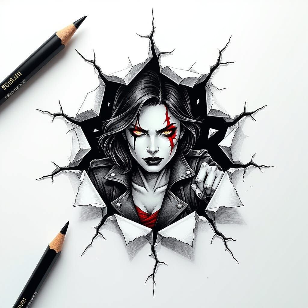 Trompe-l'oeil Pencil Sketch Emerges from Cracked Surface