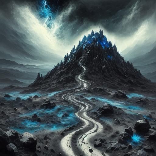 <lora:Beauty of landscape:1.0> Black macabre barren landscape at night, dark clouds, hills, rocks, dark blue, blue and black, swirling glitt...