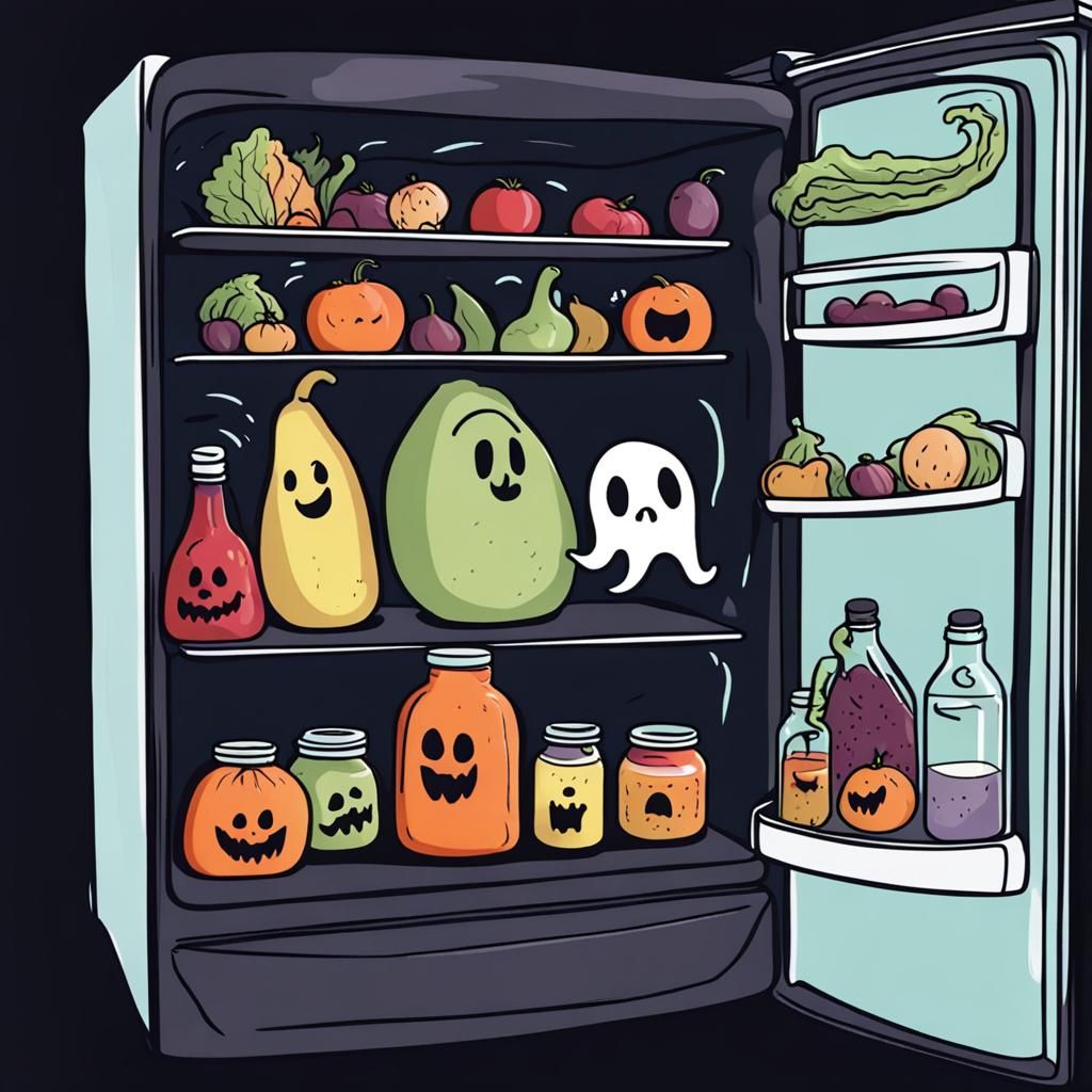 The Haunted Fridge with the ghost fruits, awe vegetable, scary breads, spooky  milk bottle inside.👻🍎🥦🍞🥛💀👻 - AI Generated Artwork - NightCafe Creator