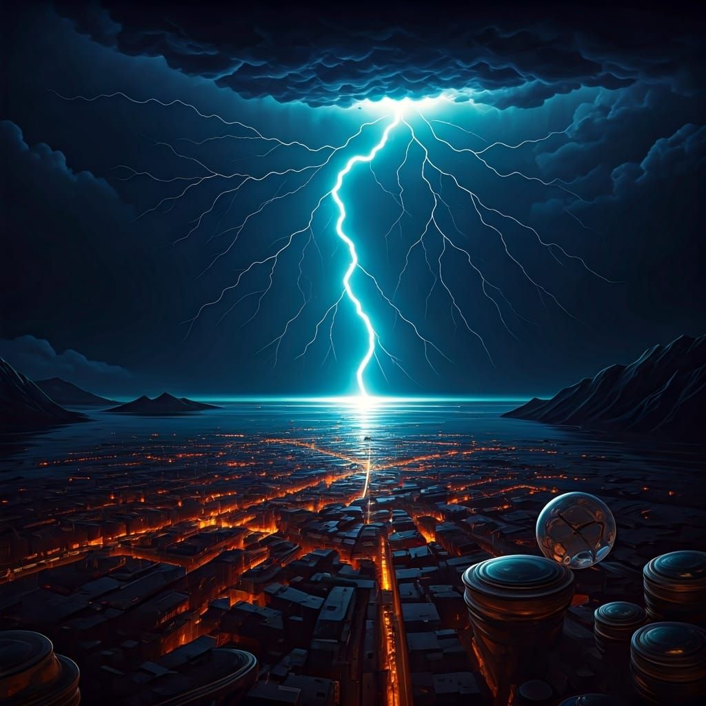 Surreal City Lightning Strike in Oil Painting Style