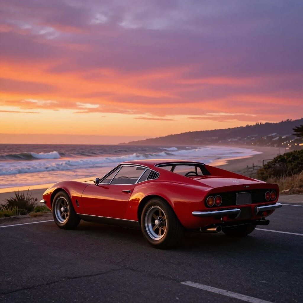 Vintage Red Sports Car on Coastal Road at Sunset