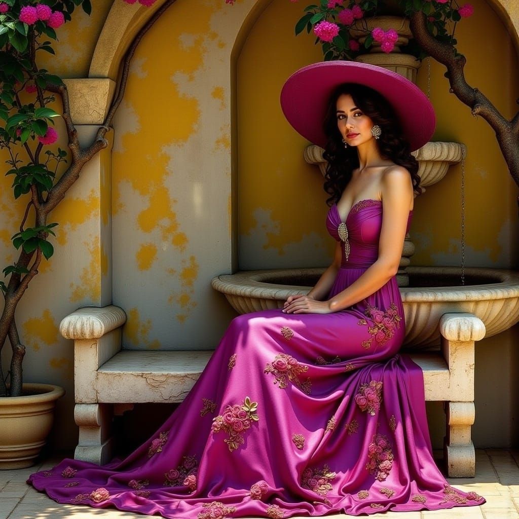 <lora:MEDITERRANEAN TOWN F:1.0>  A dark haired woman with porcelain skin, wearing a flowing magenta summer dress with subtle floral patterns...