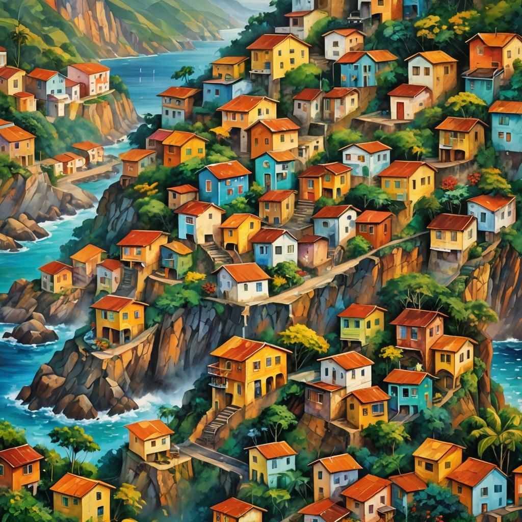 patchwork of tiny colorful houses on a steep Brazilian favel...