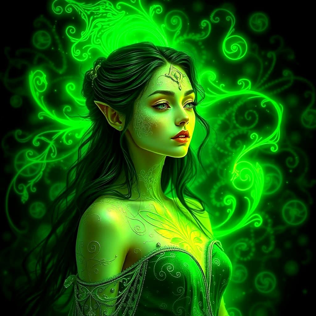 A  beautiful maiden that is bioluminescent and ethereal, with filigree, and a black background filled with green designs of filigree. The be...