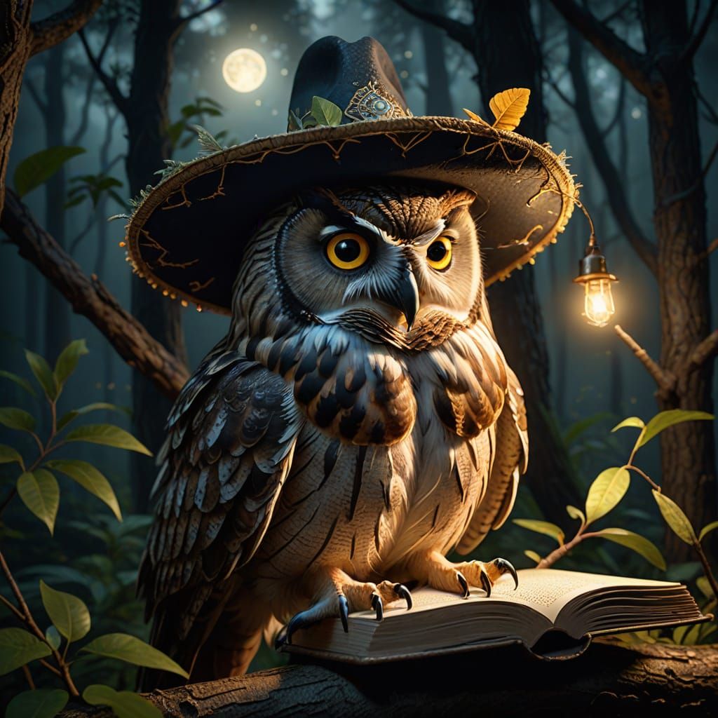 Photograph. Close-up shot. A wise old owl wearing a sombrero sits on a branch, reading a book by the light of a firefly. The forest around h...
