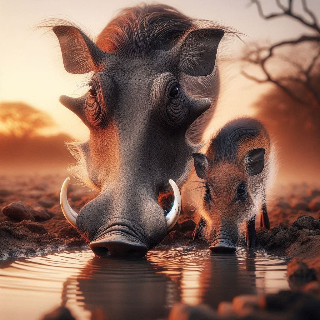 Warthog and Hoglet at Dawn