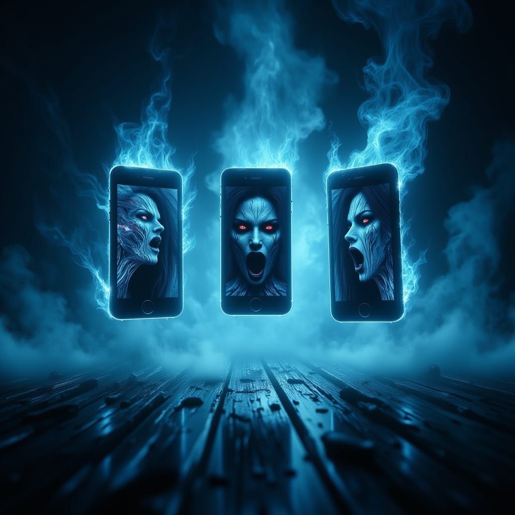  “ancient ritual circle glowing red around a smartphone on the floor, ghostly faces forming in the smoke, phone screen showing an open mouth... - Start Image 2