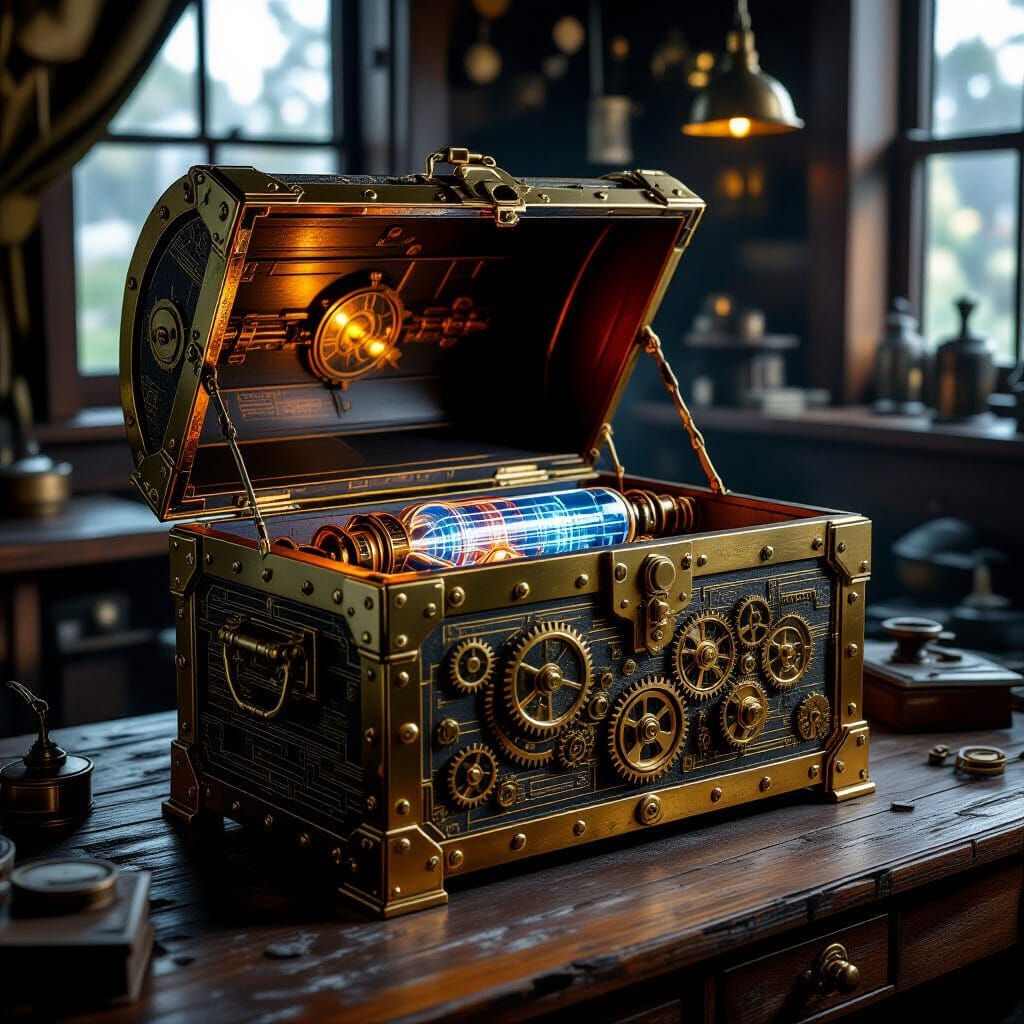 Steampunk. Digital art. A highly detailed, brass and copper treasure chest with intricate gears and clockwork mechanisms sits on a workbench...