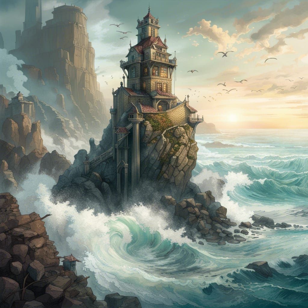 Mage tower with a rocky shoreline below  by @AV77