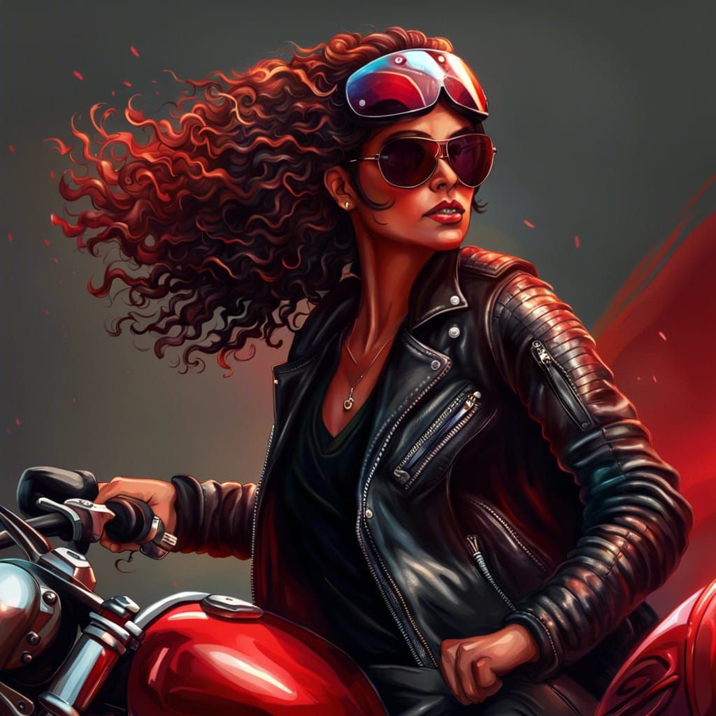 Female taking off her motorcycle helmet and flipping her hai...
