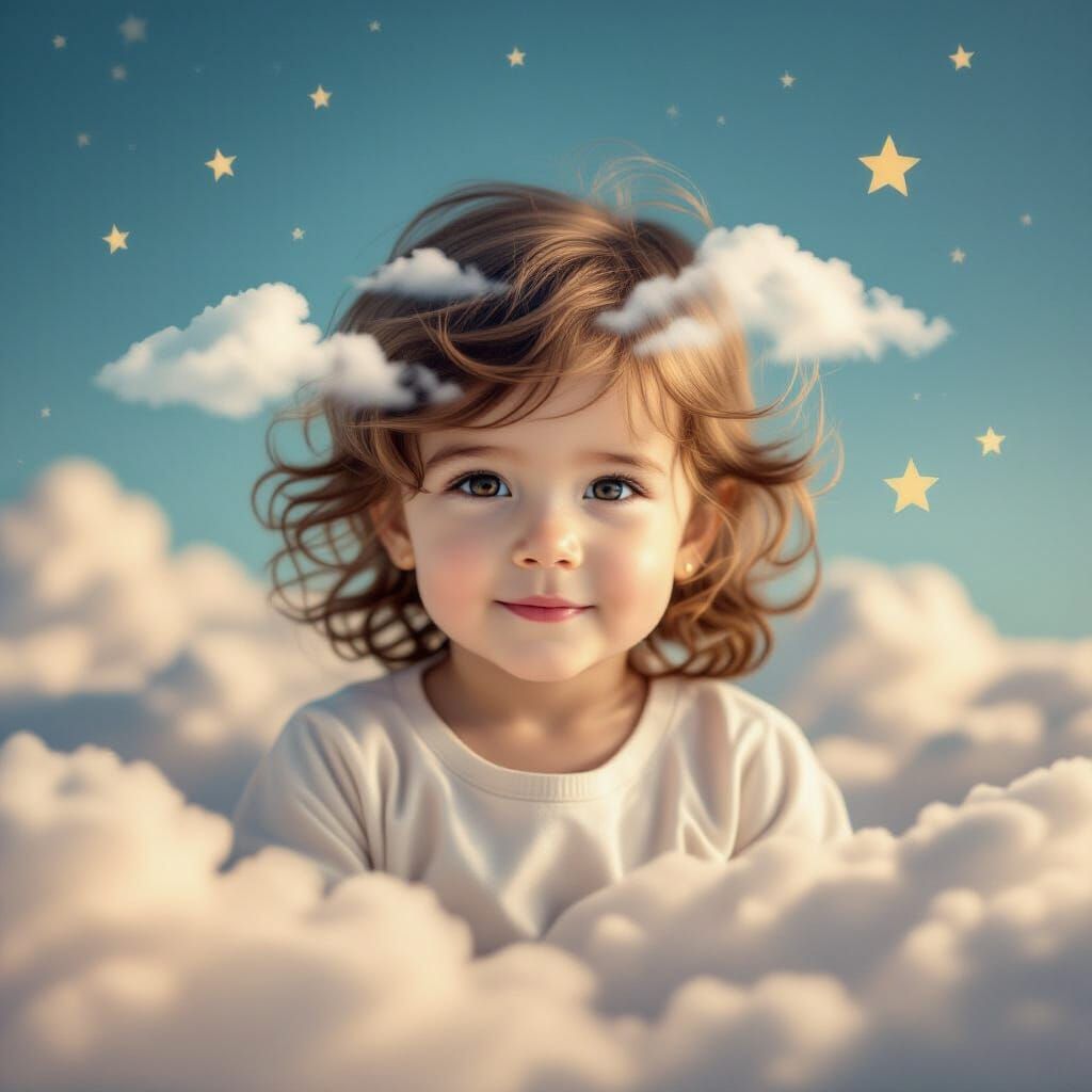 Dreamy Double Exposure Child with Clouds and Stars