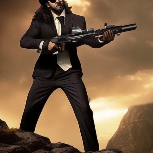 Cinematic Digital Painting of Man with Gun in Suit