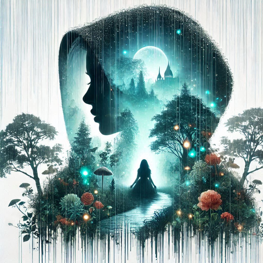 double exposure beautiful fantasy DALL-E 3 portrait landscape..