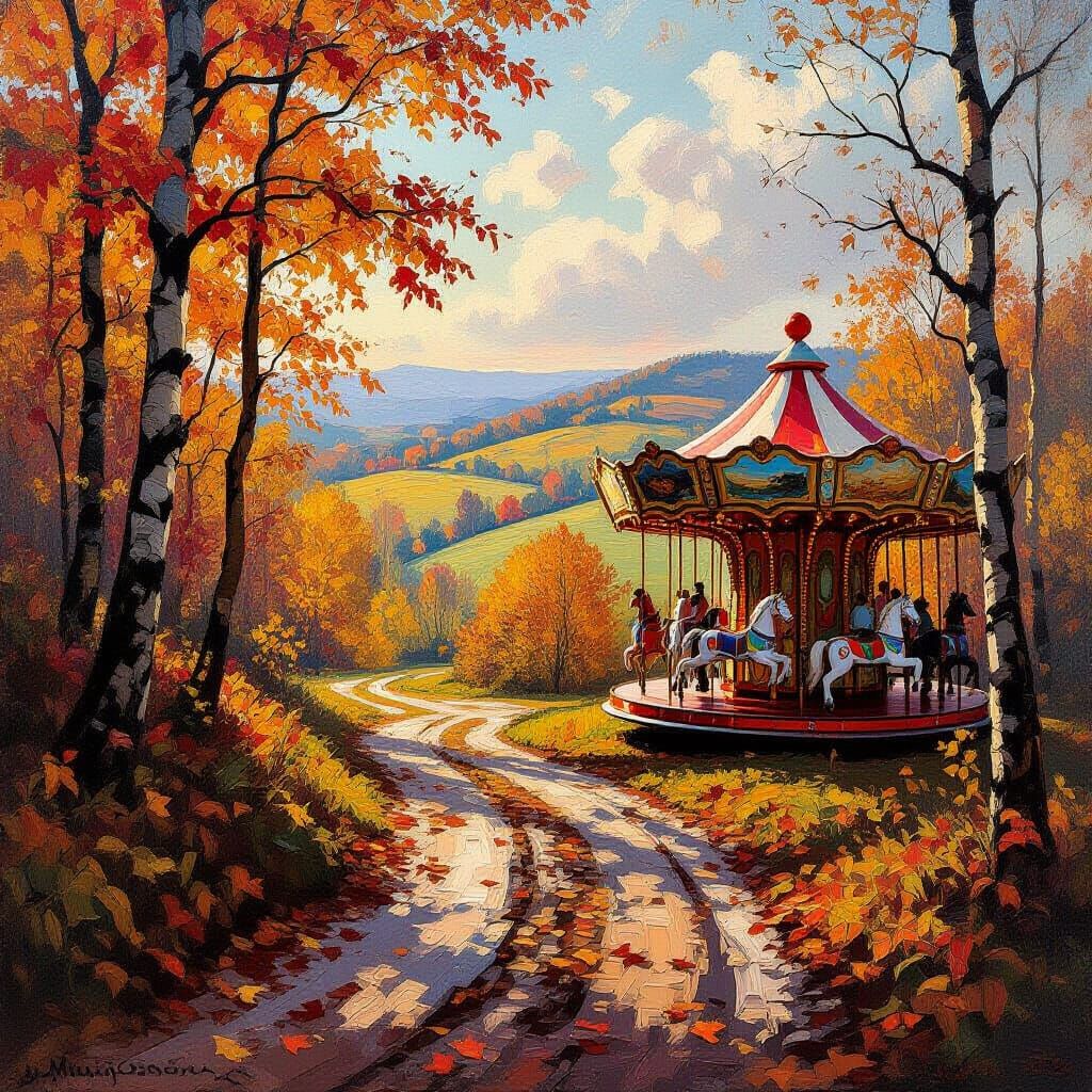 Herbstlich gefärbter Wald mit Hügeln und matschigem Weg und welkem Laub, seitlich ein Karusell, das mit ...  by @Elarasia