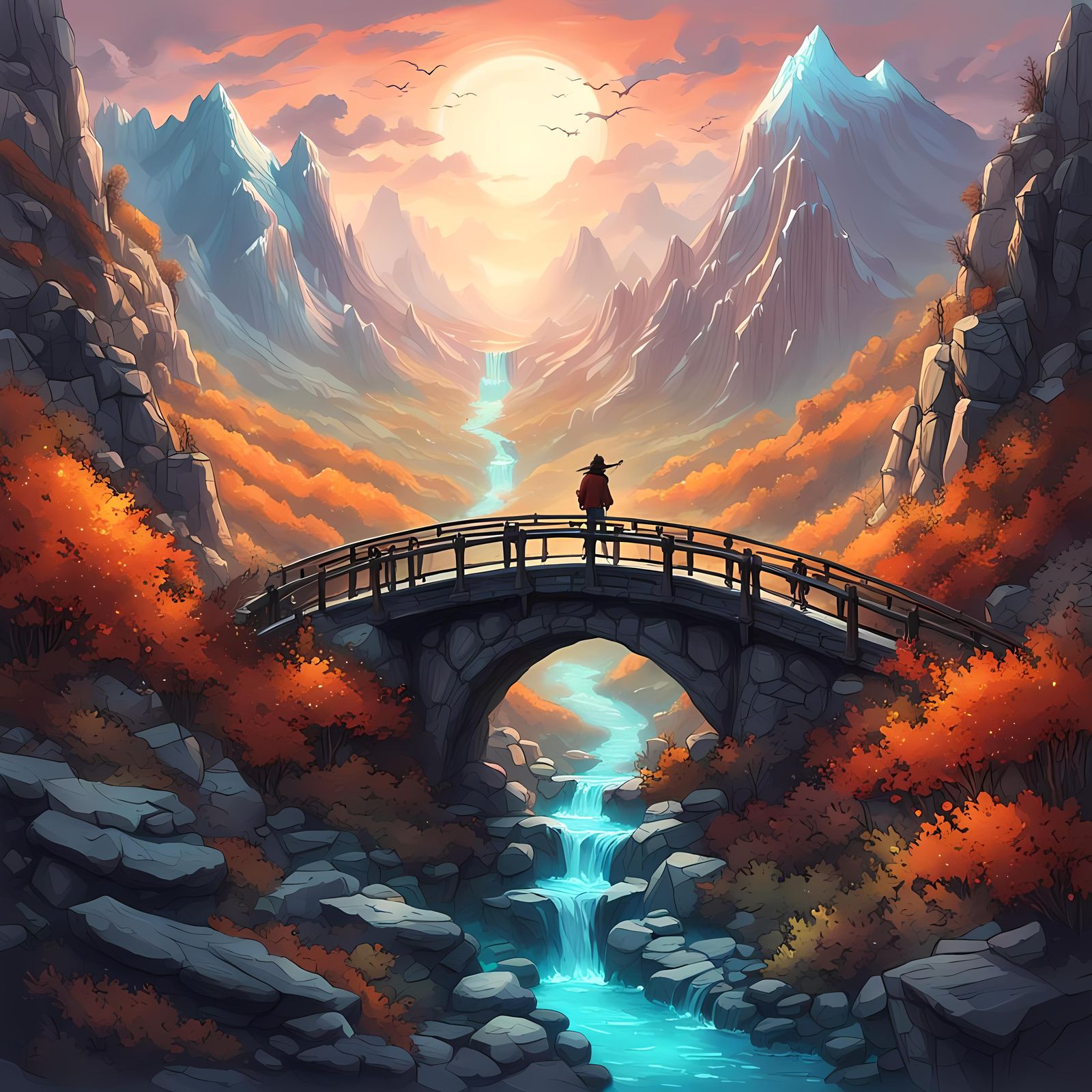 Enchanted Bridge Connecting Magical Mountains: Fantasy Illus...