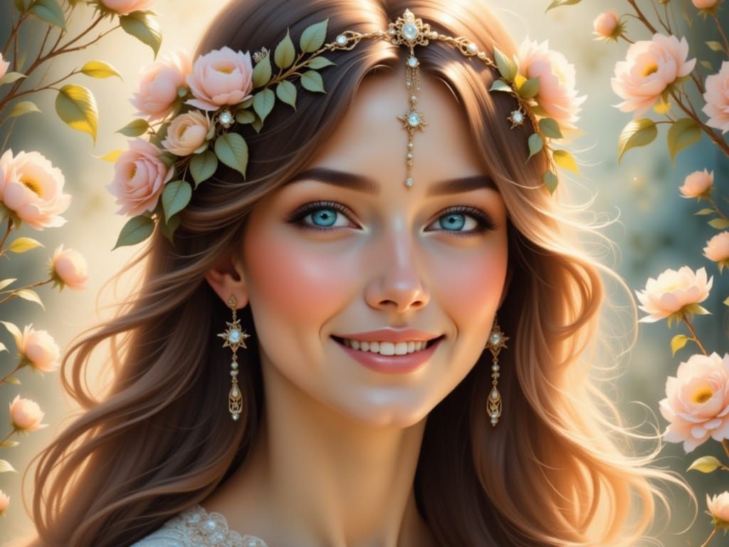 <lora:Etherealisim:1.0>A soft-glowing woman with brown hair and large, laughing blue eyes, her radiant, natural smile subtly lifting her che...