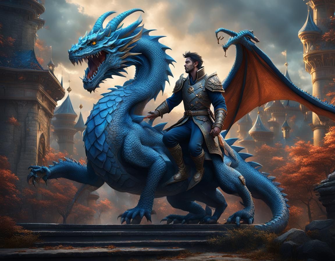 A blue dragon grabbing prince Charming. detailed matte paint...