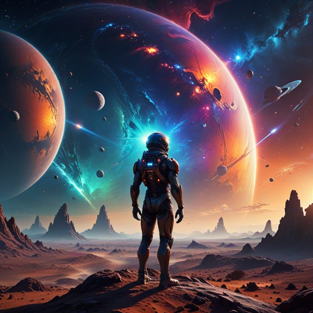 Alien on Distant Planet Gazing at Spaceship