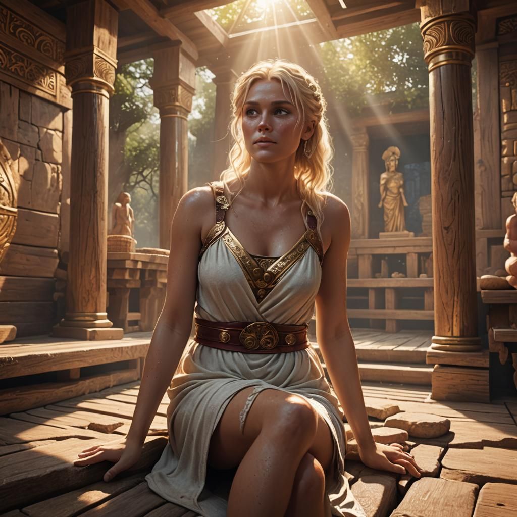 Blonde haired female posing in roman sauna heavenly sunshine...