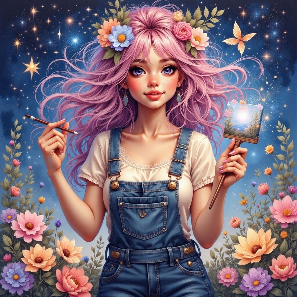 Fairy Painter with Flowing Hair, Digital Art
