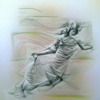 Modern pencil sketch on lined paper, loving grace in movement