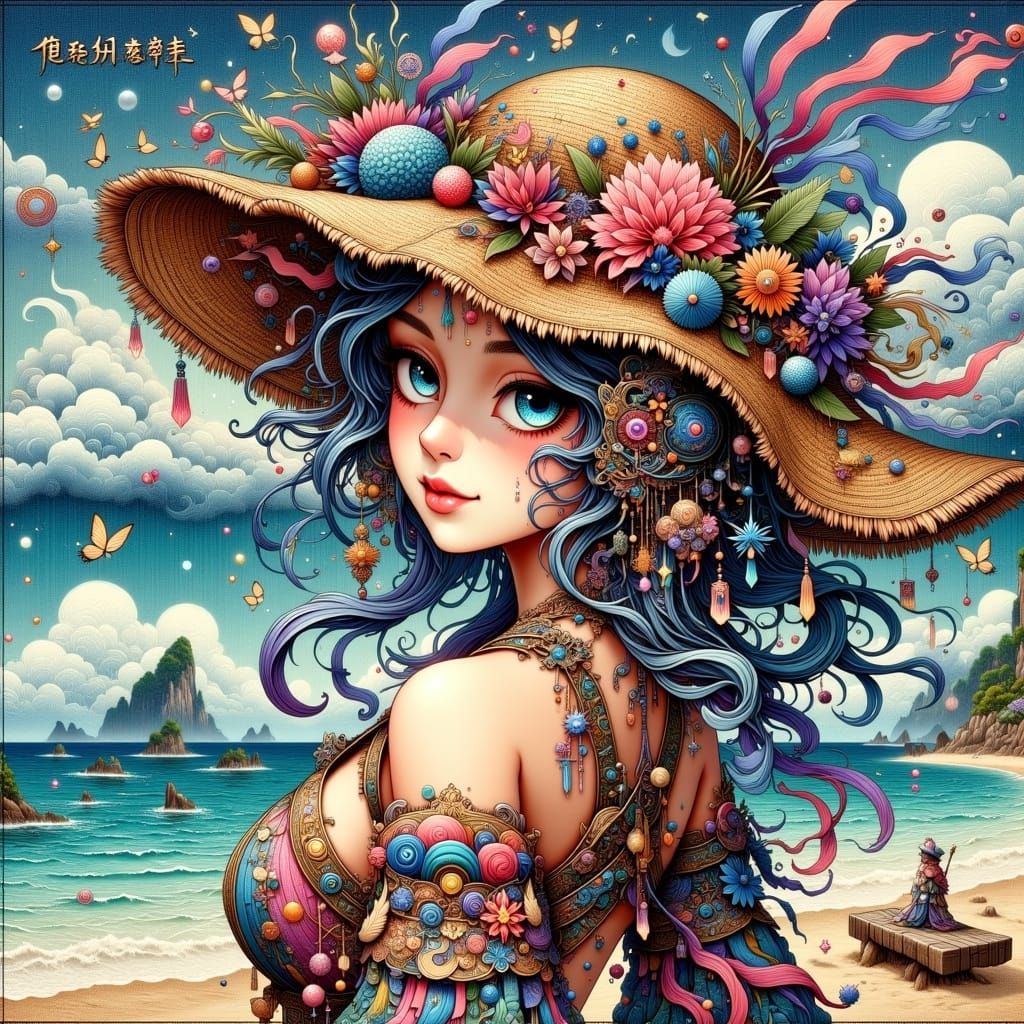 Girl in Straw Hat on Beach Oil Painting