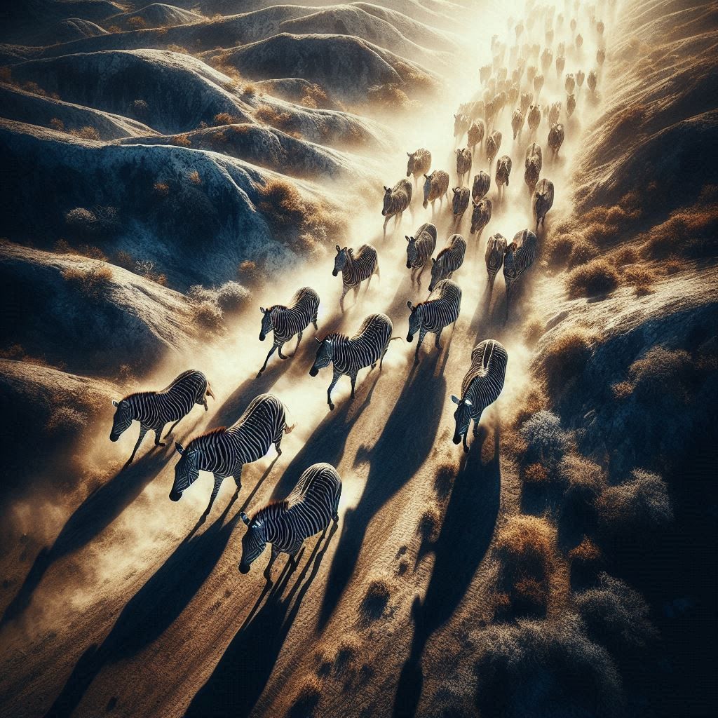 Aerial view of zebras and shadows