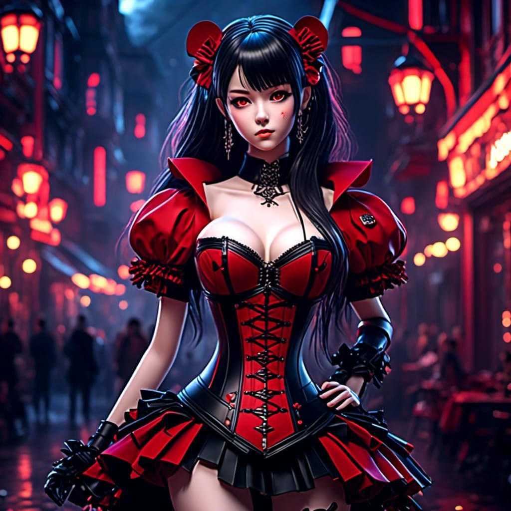 <lora:smoothmech:1.0> a woman in a corset dress posing for a...