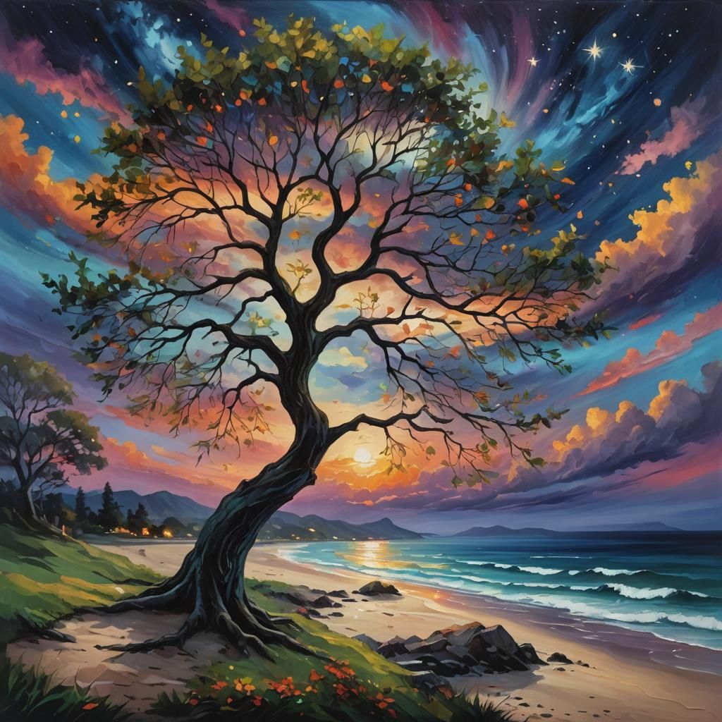 Majestic Tree at Dusk: An Oil Painting