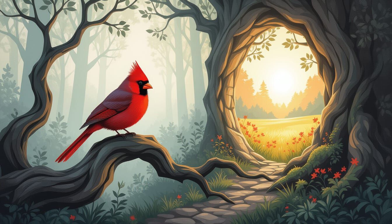 A cardinal near a portal to a meadow, with a scratch art texture and soft lighting: A solitary cardinal ...  by @LTSings