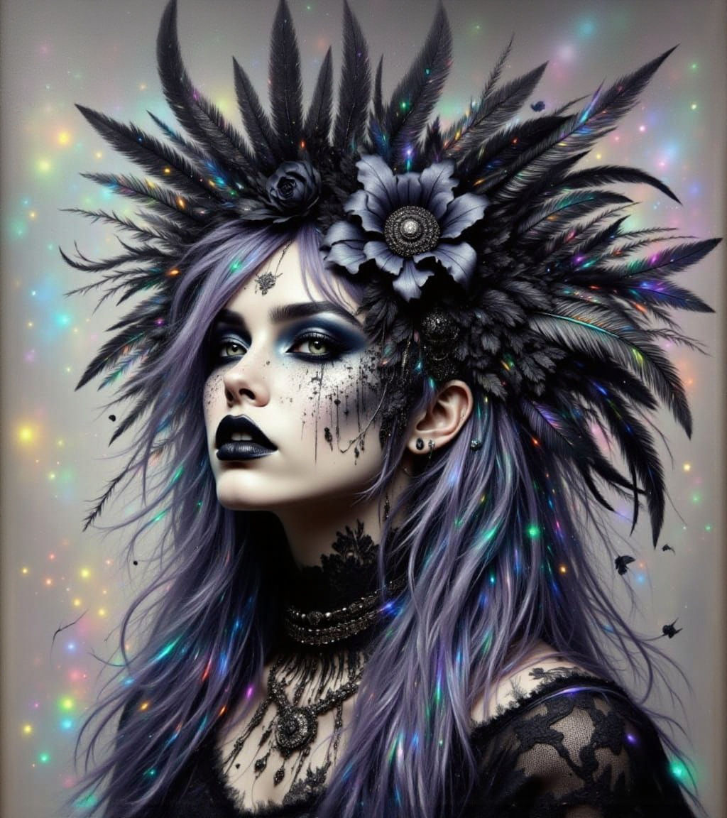 <lora:Don Macana Style:1.0> <lora:Bleak Intensity:1.0> Abstract art, pale skin woman,  with lilac hair, rainbow background, metallic, feathe...