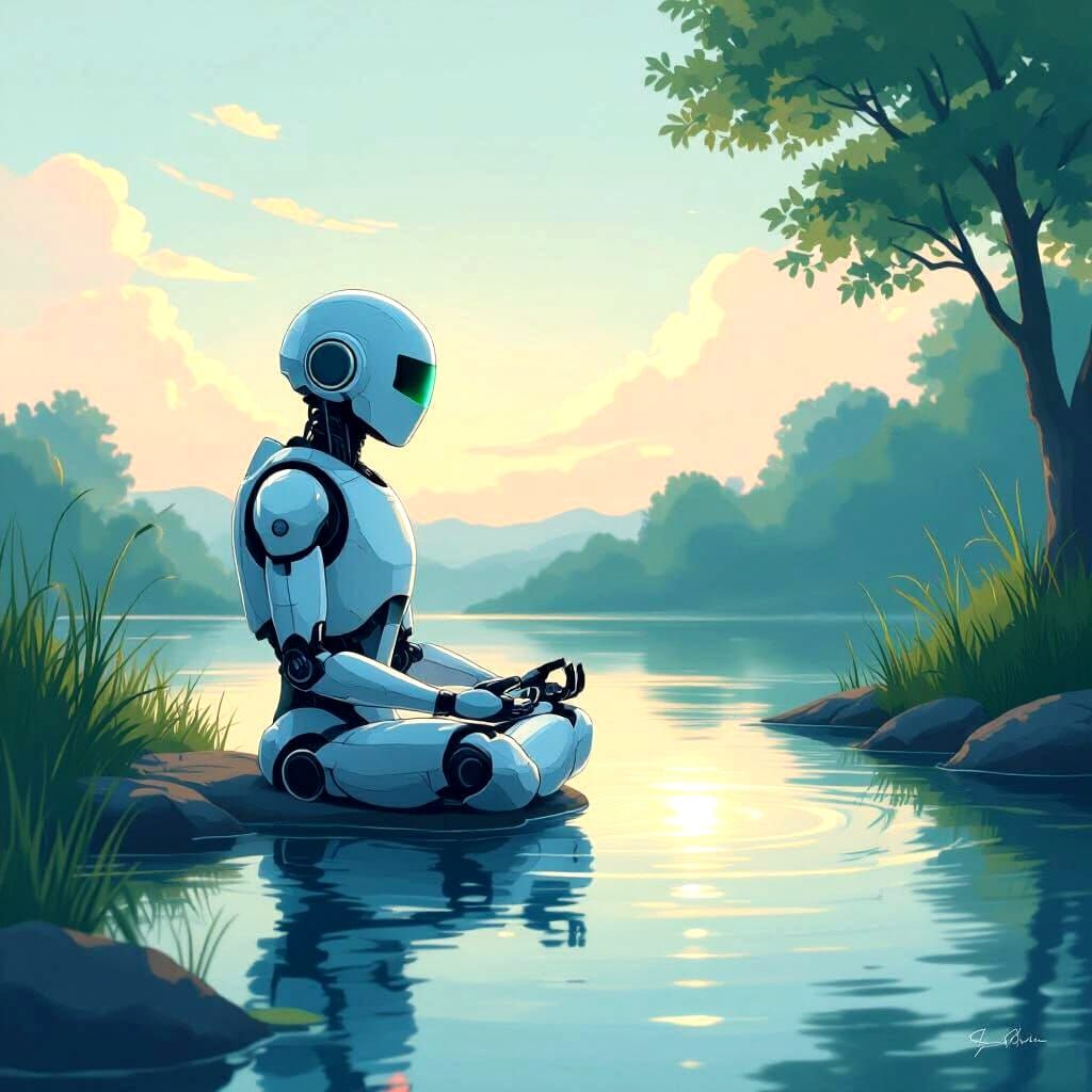 A serene robot meditating beside a calm, stylized water pond reflecting a soft, glowing sky.
