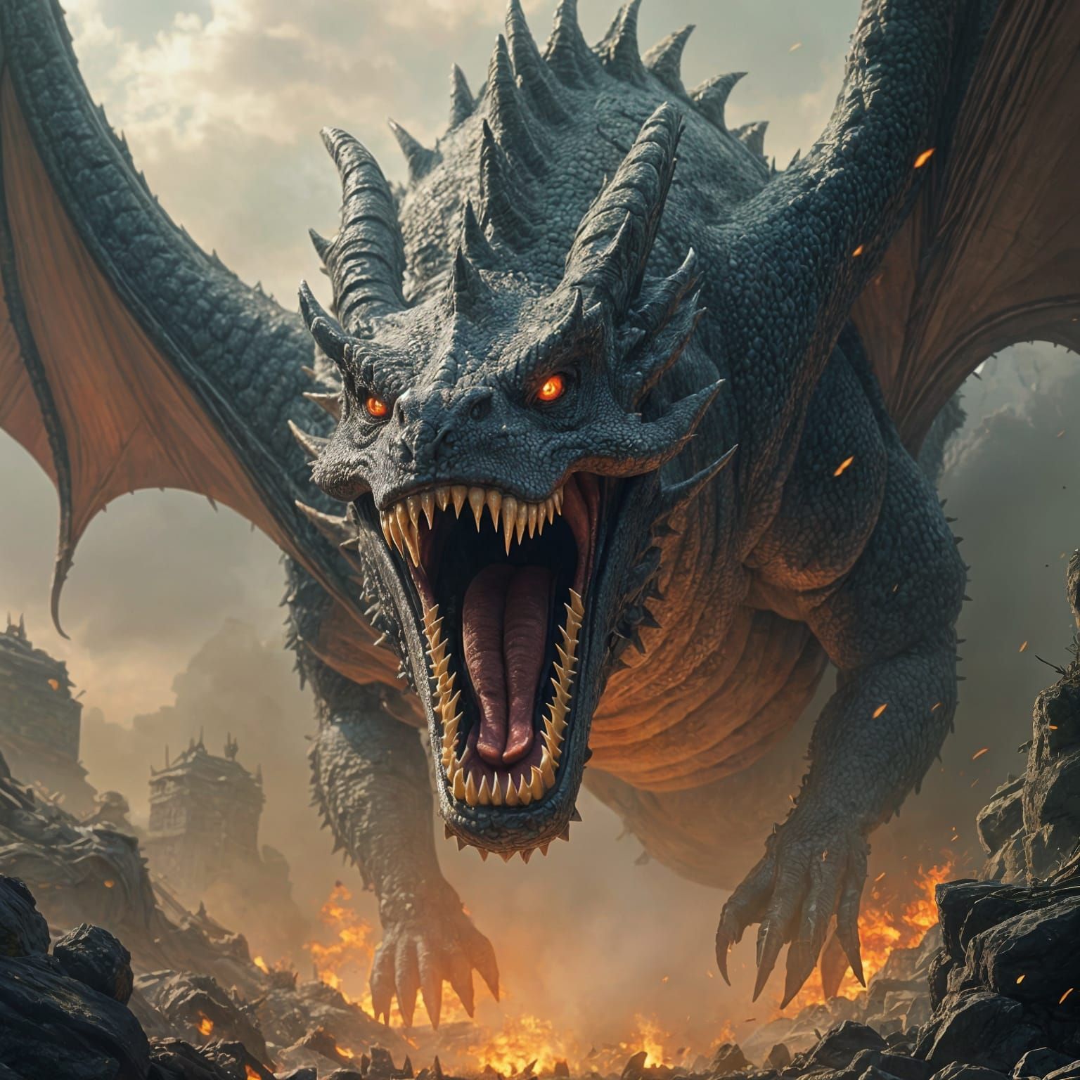 Wicked close up of the most detailed evil angry dragon slowing down mid flight mouth open huge teeth to land in the mist of battle 