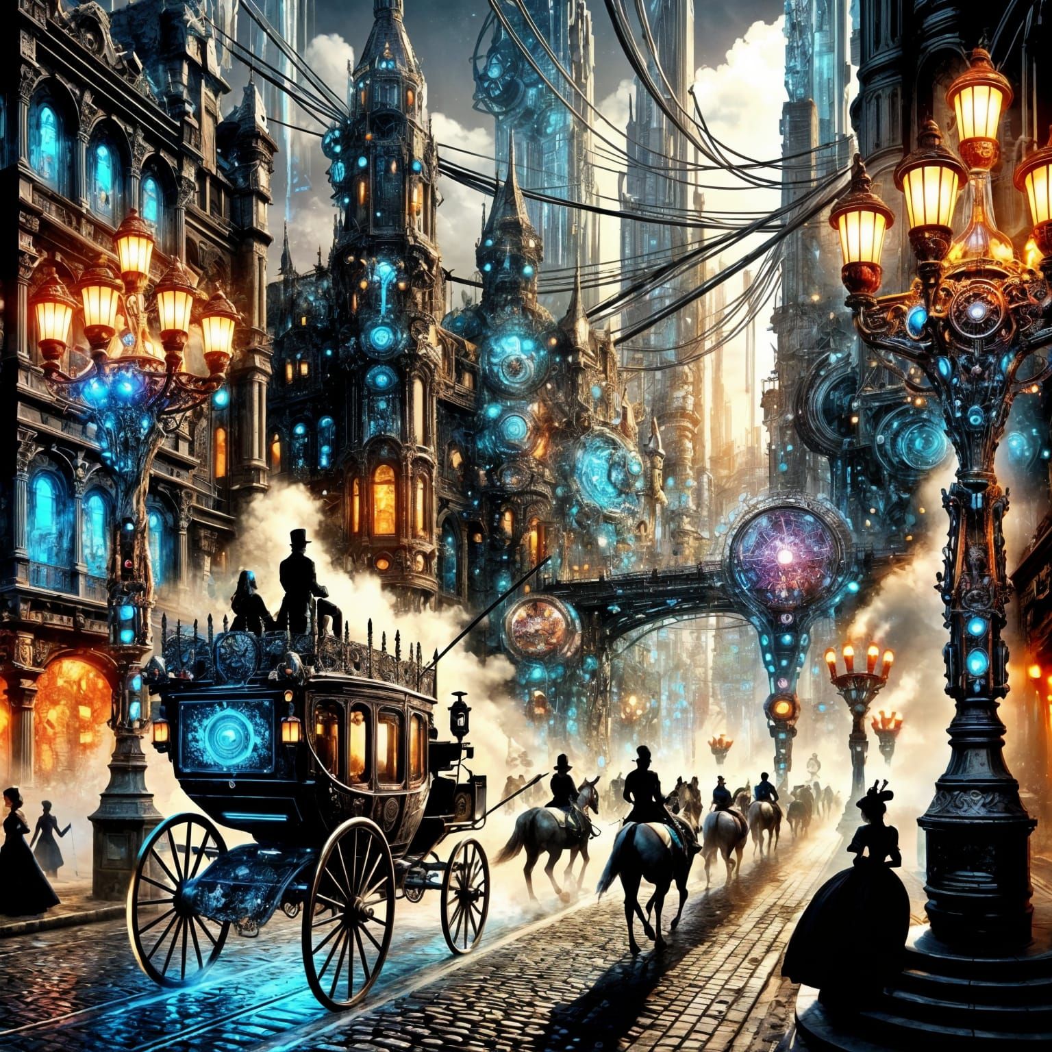 (3 likes) Fantasy art styles of the late nineteenth, early 20th century meets cyberpunk aesthetics  by @Taralie