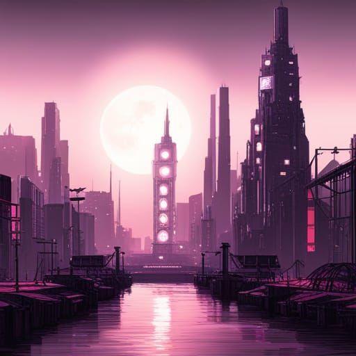 Cyberpunk Victorian Cityscape with Neon Lights