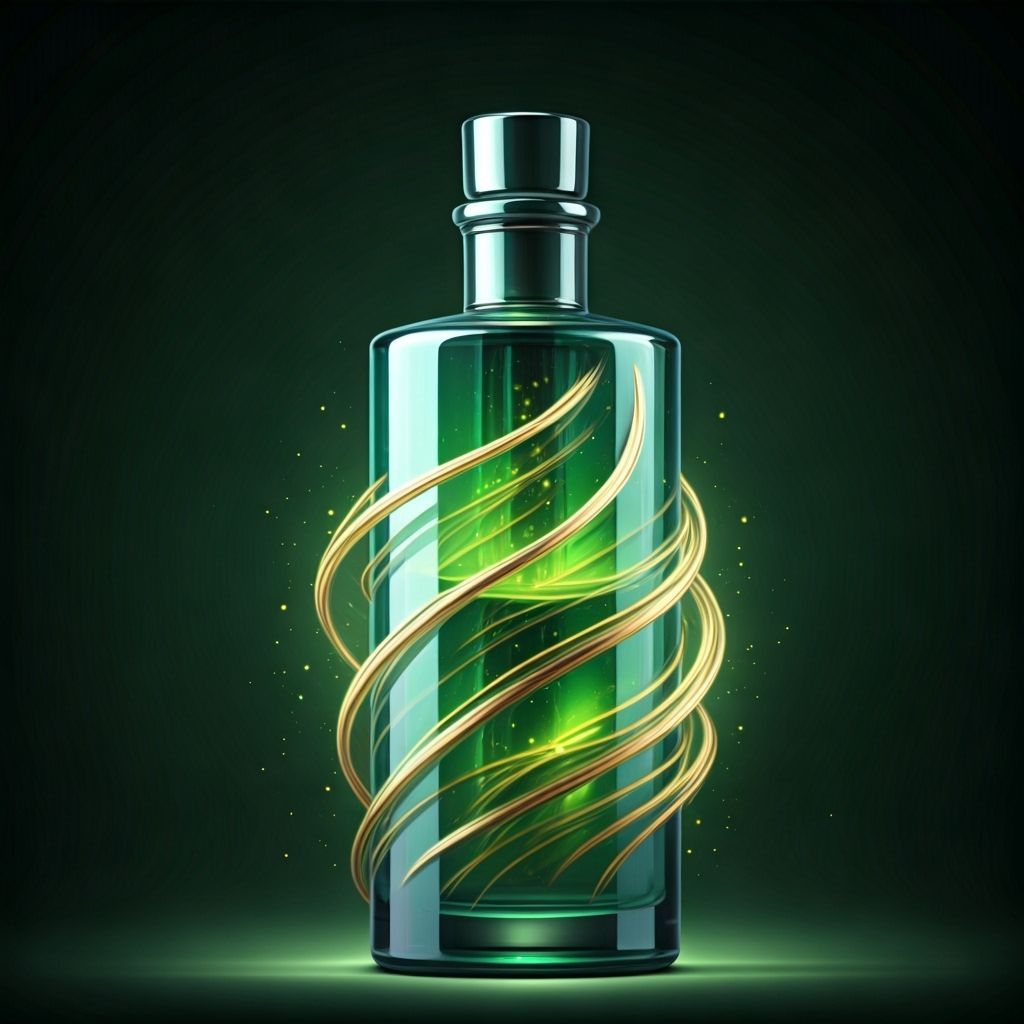 "A shimmering emerald bottle, semi-transparent, filled with glowing green liquid that shifts color like wind on grass."



