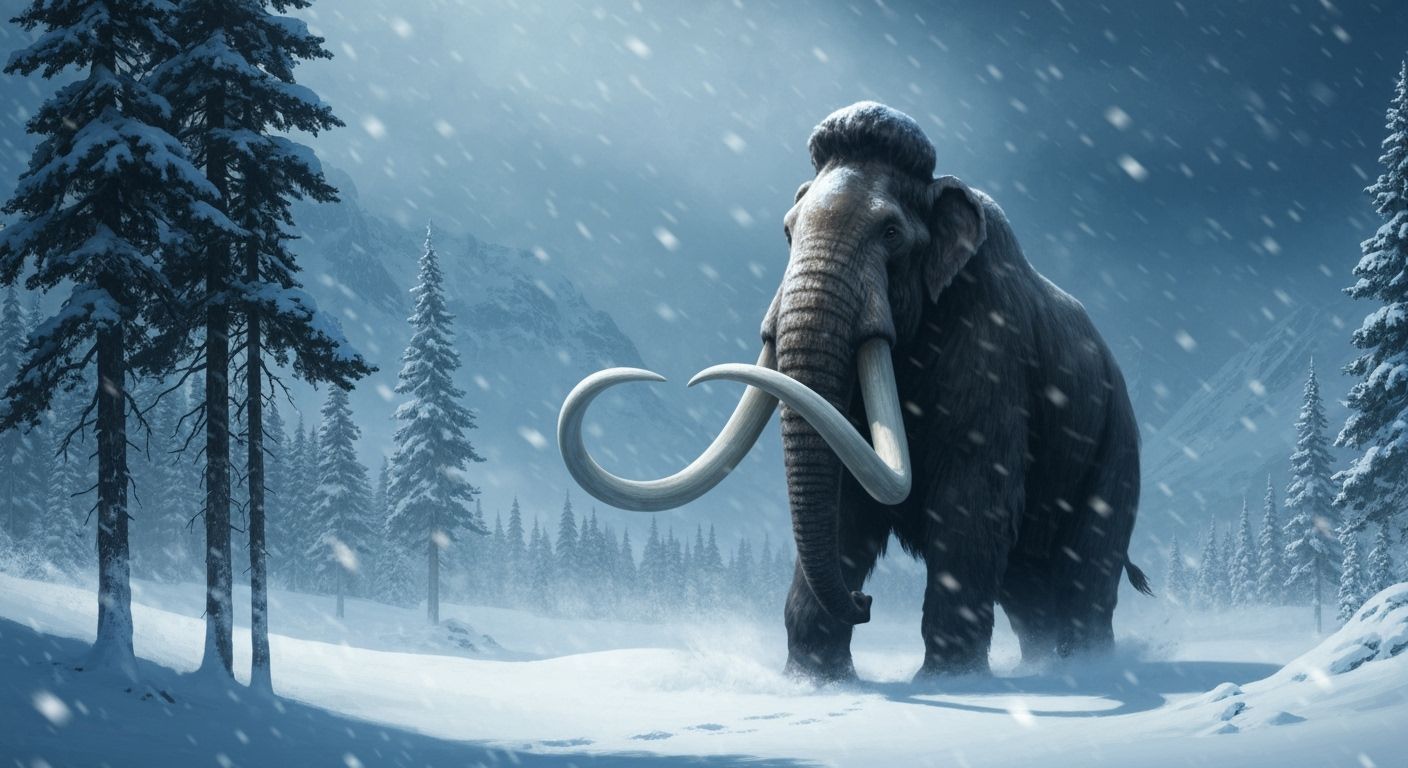 A towering woolly mammoth, its tusks gleaming in the dim light, trudges through a snowy valley, its massive form casting a long shadow 