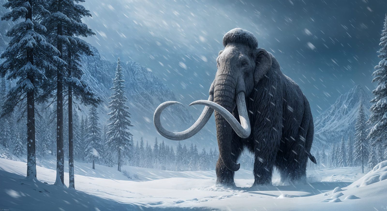 A towering woolly mammoth, its tusks gleaming in the dim light, trudges through a snowy valley, its massive ...  by @kirra-anne-ramirez