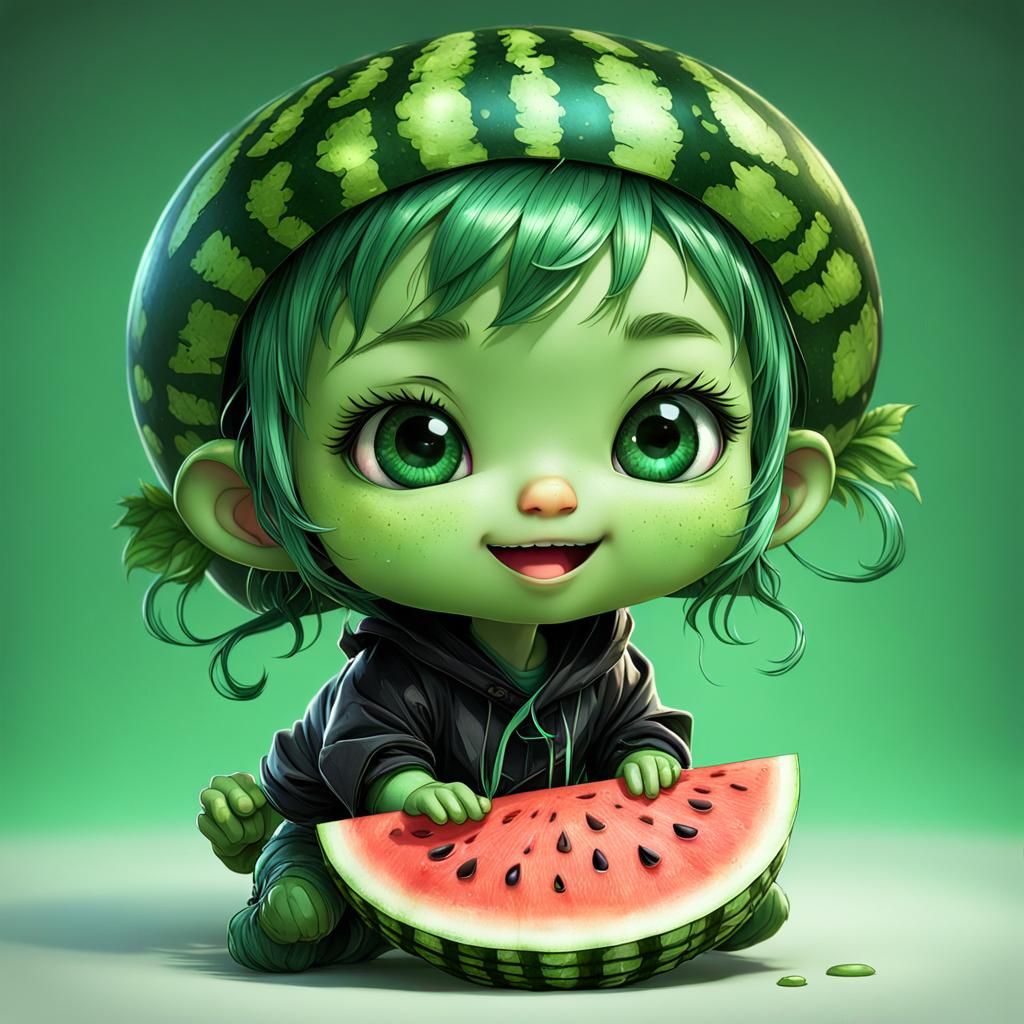 Cute adorable chibified green and black baby watermelon, shiny detailed sharp prismatic eyes, happy_expression, ...  by @James Silvers