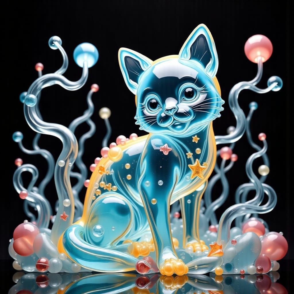 <lora:Lil Ice Cube:1.0> Surreal Glass Sculpture of a Cute Kitten in a whimsical blown glass Wonderland