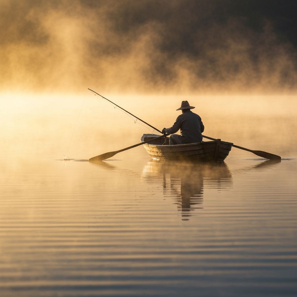 A lone fisherman in a tiny wooden boat at dawn, soft golden mist above the quiet lake, gentle ripples around the oars, peaceful cinematic at...