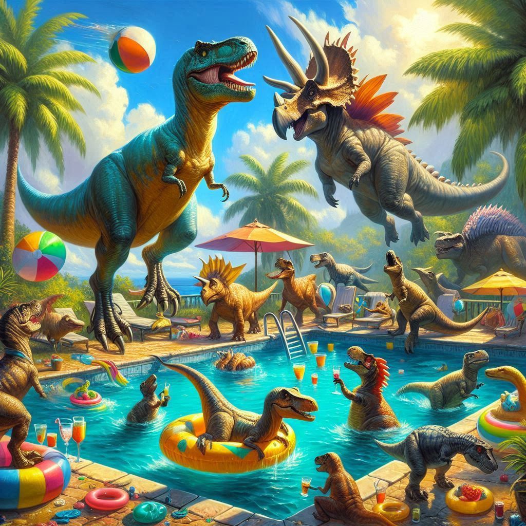 Crazy dinosaur pool party